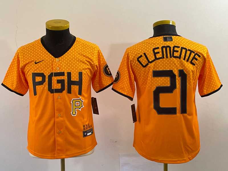 Youth Pittsburgh Pirates #21 Roberto Clemente Yellow 2023 City Connect Stitched Jersey1->mlb youth jerseys->MLB Jersey